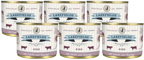 Lakefields - Premium Katzenfutter nass, Rind 91%, Katzenfutter ohne Getreide und Zucker, Alleinfutter Menü mit Fenchel & Kürbis, 6 x 200g von Lakefields