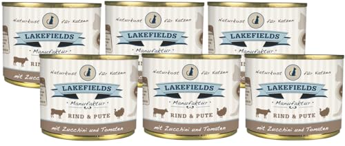 Lakefields - Premium Katzenfutter nass, Rind & Pute 91%, Katzenfutter ohne Getreide und Zucker, Alleinfutter Menü mit Fenchel & Zucchini, 6 x 200g von Lakefields