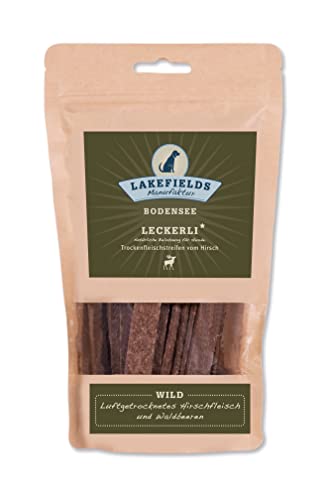 LAKEFIELDS Leckerli Trockenfleischstreifen 150g Beutel Wild – vom Hirsch - für Hunde – getreidefreier, gesunder, knuspriger Snack von Lakefields