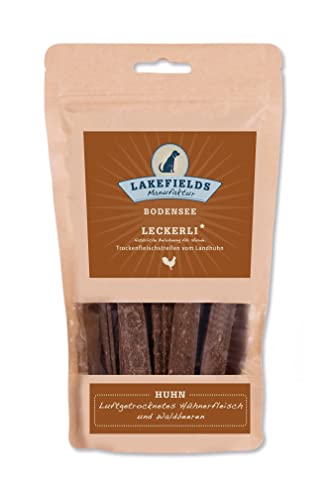 Lakefields - Hundeleckerli Trockenfleischstreifen vom Landhuhn, Hundesnack mit 90% Hühnerfleisch, getreidefreie & gesunde Leckerlies, ideal als Trainingsleckerli, schonend gebacken, 1 x 150g von Lakefields