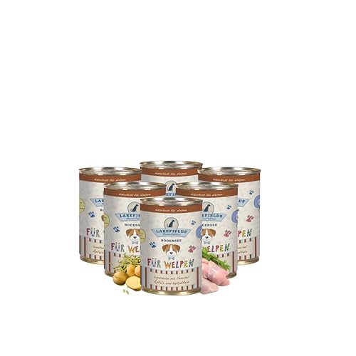 Lakefields - Premium Welpenfutter Nass - Huhn 61%, getreidefreies Hundefutter für Welpen, Dosenfleisch-Menü mit Hühnerfleisch, Fenchel, Karotten & Kartoffeln, schonend gegart, 6 x 800g von Lakefields