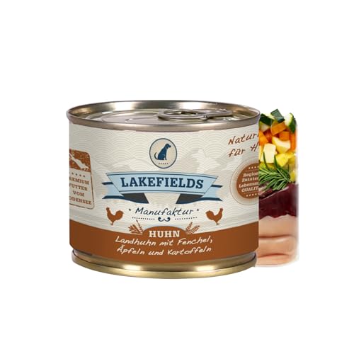 Lakefields Premium Hundefutter Nass | Huhn 61% | 200g | Getreidefreies Nassfutter für Hunde | Natürliche Zutaten in Lebensmittelqualität | Karotten, Kartoffeln & Apfel | Schonend gegart von Lakefields