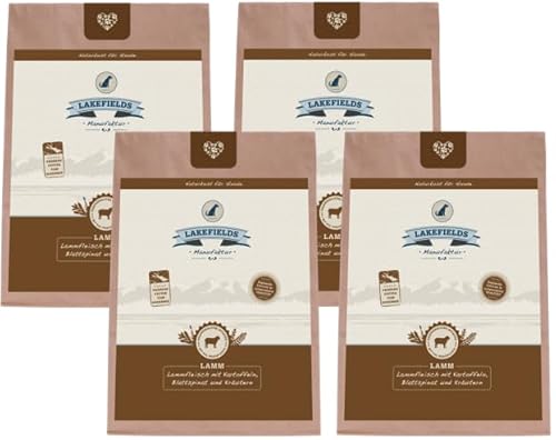 Lakefields - Premium Hundefutter trocken, Weidelamm 68%, getreidefreies Trockenfutter Senior, Alleinfutter mit Lammfleisch, Fenchel, Karotten & Kartoffeln, schonend ausgebacken, 4 x 1kg von Lakefields