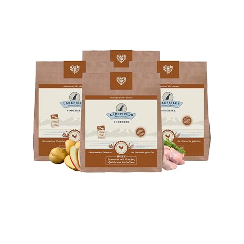 Lakefields - Premium Hundefutter trocken, Huhn 68%, getreidefreies Trockenfutter Senior, Alleinfutter mit Hühnerfleisch, Fenchel, Karotten & Kartoffeln, schonend ausgebacken, 4 x 1kg von Lakefields