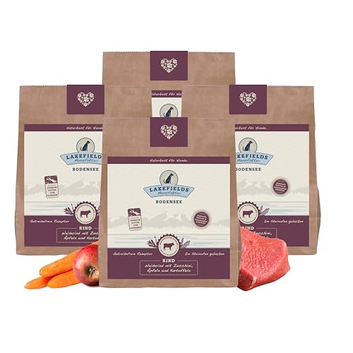 Lakefields - Premium Hundefutter trocken, Rind 68%, getreidefreies Trockenfutter für ausgewachsene Hunde, Alleinfutter mit Rindfleisch & Kartoffeln, schonend ausgebacken, 4 x 1kg von Lakefields
