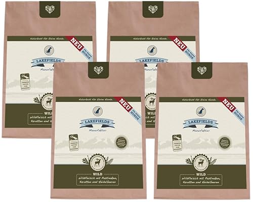 Lakefields - Premium Hundefutter trocken, Wild 68%, getreidefreies Trockenfutter für kleine ausgewachsene Hunde, Alleinfutter mit Hirsch & Rehfleisch, schonend ausgebacken, 4 x 1kg von Lakefields