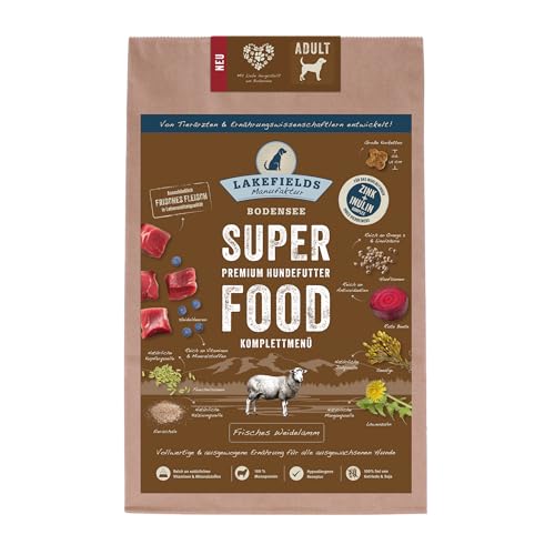 Lakefields - Superfood für Hunde - Premium Hundefutter trocken, Lamm 61%, getreidefreies Trockenfutter für ausgewachsene Hunde mit Lammfleisch & Spinat, von Tierärzten entwickelt, 4 x 2,5kg von Lakefields