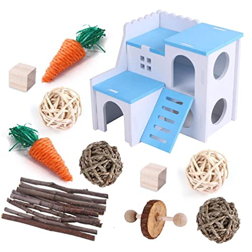 Hamster Spielzeug Set Vogelkäfig Hängespielzeug Handgewebte Rattan-Bälle Holz-Villa Kauspielzeug Papagei Klettern Spielzeug Kleintier Geschenk Hamster Set Zweig Kauen von Lamala