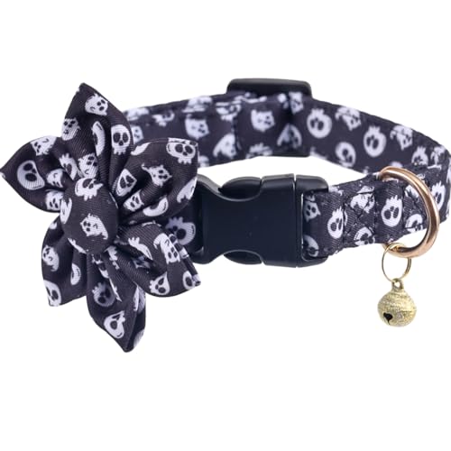 Halloween-Hundehalsband mit abnehmbarem, niedlichem Sonnenblumen-Motiv, verstellbar, Totenkopf-Muster, Größe S Halloween-Hundehalsband mit abnehmbarem, niedlichem Sonnenblumen-Motiv, verstellbar, Totenkopf-Muster, Größe S von Lamphyface