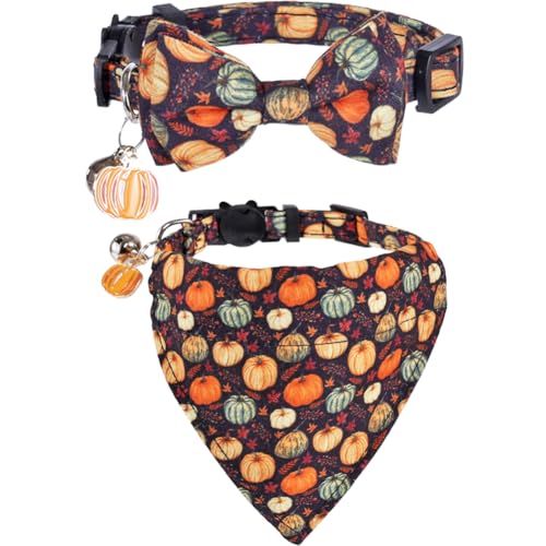 Katzenhalsband für den Herbst, mit Fliege, Bandana und Glöckchen, Herbsturlaub für Kätzchen, verstellbare Sicherheit von Lamphyface