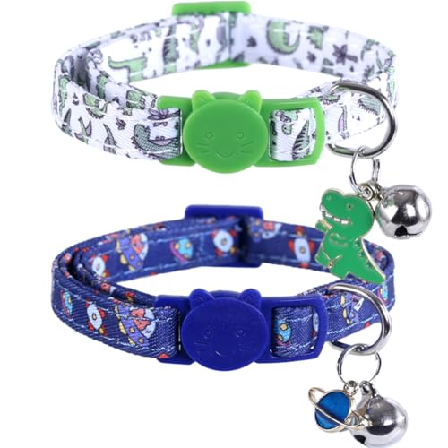 Katzenhalsband mit Glöckchen, Universum, Dinosaurier-Anhänger, verstellbar, Zubehör für Katzen, Kätzchen, 2 Stück von Lamphyface