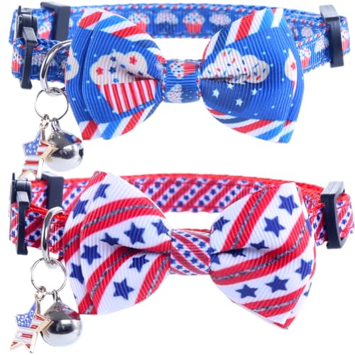 Lamphyface Katzenhalsband mit amerikanischer Flagge, mit Glöckchen-Fliege, Sternverschluss, verstellbar, für 4. Juli Unabhängigkeitstag von Lamphyface