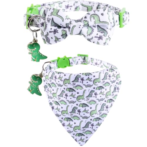 Lamphyface Katzenhalsband mit niedlicher Fliege, Bandana und Glöckchen, Dinosaurier-Zubehör für Kätzchen, verstellbare Sicherheit von Lamphyface
