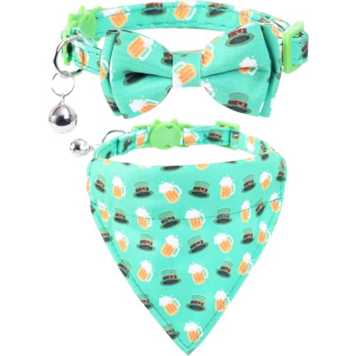 St. Patrick's Day Katzenhalsband mit niedlicher Fliege und Glöckchen, Zubehör, Urlaub für Kätzchen, verstellbare Sicherheit von Lamphyface