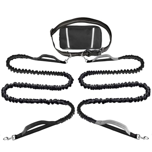 Freispreche Hundeleine für 2 Hunde reflektierende elastische Hände Freie Hundeleine mit drehbarer Verschlüsse mit abnehmbarem Reißverschlussbeutel und Kotbeutelspender zum Gehen und Laufen von Lamppdcor