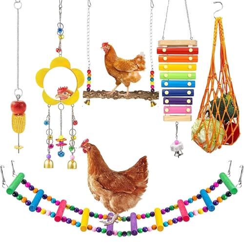 Lamppdcor 6pcs Hühnchen -Coop -Spielzeug - Holzschwung, Leiter, Xylophon und Spiegel mit Glocken, Geflügelanreicherungszubehör von Lamppdcor