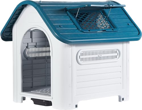 Lanco – Hundehütte für mittelgroße Hunde mit verstellbarem Schiebedach und Toilette. Innen- und Außenbereich mit Lüftungsschlitzen. Widerstandsfähiges Material. 87 x 72 x 75 cm. Blau und Weiß. von Lanco