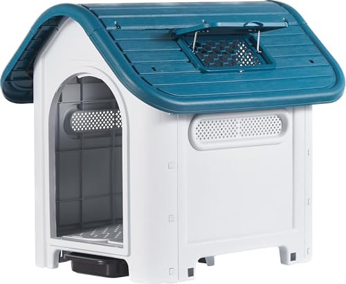 Lanco – Hundehütte für kleine Hunde mit verstellbarem Schiebedach und Toilette. Innen- und Außenbereich mit Lüftungsschlitzen. Widerstandsfähiges Material. 75 x 59 x 66 cm. Blau und Weiß. von Lanco