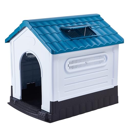 Lanco – Hundehütte für kleine Hunde mit verstellbarem Schiebedach. Innen- und Außenbereich mit Belüftung. Widerstandsfähiges Material. 68x55x66cm. Blau und weiß. von Lanco