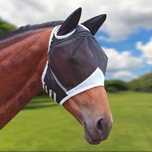 Fliegenmaske Pferd Fliegenhaube Pferd UV-Schutz mit Ohrenschutz – Atmungsaktive Hautverträgliche Reitmaske für Training, Haltung & Freizeit (Schwarz)​ von LandReCol