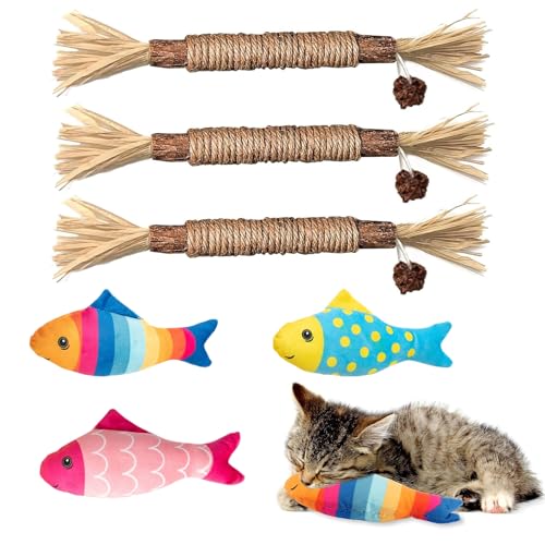 Katzenminze Spielzeug, 3 Stück Plüsch-Fisch mit Katzenminze 19cm, 3 Stück Katzen Kauhölzer Sticks, Interaktives Katzenspielzeug für Zahnpflege, Bewegung & Langzeitspaß Katzenminze Spielzeug, 3 Stück Plüsch-Fisch mit Katzenminze 19cm, 3 Stück Katzen Kauhölzer Sticks, Interaktives Katzenspielzeug für Zahnpflege, Bewegung & Langzeitspaß von LandReCol