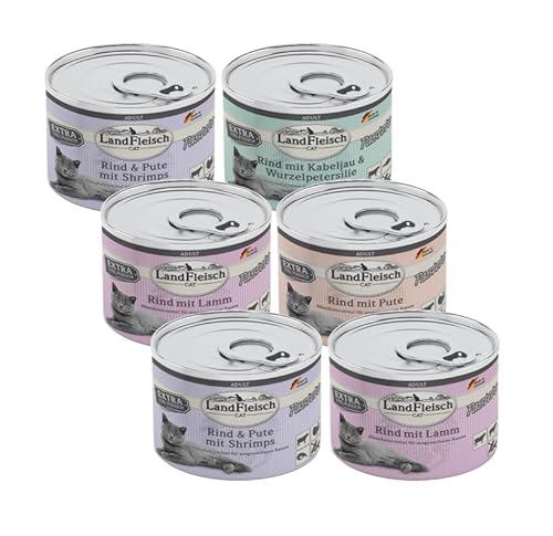 Landfleisch Cat Pastete – 6 x 195g | Getreidefreies Katzen Nassfutter | 4-Sorten-Mix | Hoher Fleischanteil | Mit Taurin, Vitaminen & Zink | Ohne Soja & künstliche Zusatzstoffe von Landfleisch