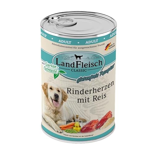 Landfleisch Classic Hundefutter 6 x 400g | Rinderherzen mit Reis | Mit hochwertigem Fleisch, Rapsöl (Omega-3 & 6), ohne Gluten, Zucker, GVO & Soja | Nassfutter für Hunde von Landfleisch