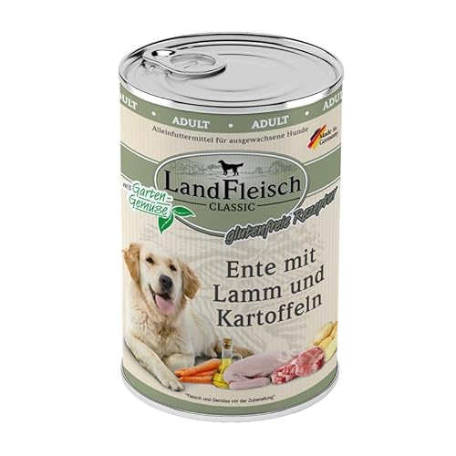 Landfleisch Classic Hundefutter 6 x 400g | Ente, Lamm und Kartoffeln | Mit hochwertigem Fleisch, Rapsöl (Omega-3 & 6), ohne Gluten, Zucker, GVO & Soja | Nassfutter für Hunde von Landfleisch