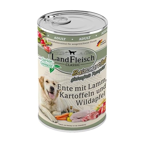 Landfleisch Classic Hundefutter 6 x 400g | Ente, Lamm und Wildapfel | Mit hochwertigem Fleisch, Rapsöl (Omega-3 & 6), ohne Gluten, Zucker, GVO & Soja | Nassfutter für Hunde von Landfleisch