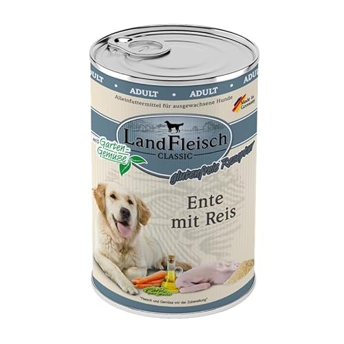 Landfleisch Classic Hundefutter 6 x 400g | Ente mit Reis | Mit hochwertigem Fleisch, Rapsöl (Omega-3 & 6), ohne Gluten, Zucker, GVO & Soja | Nassfutter für Hunde von Landfleisch