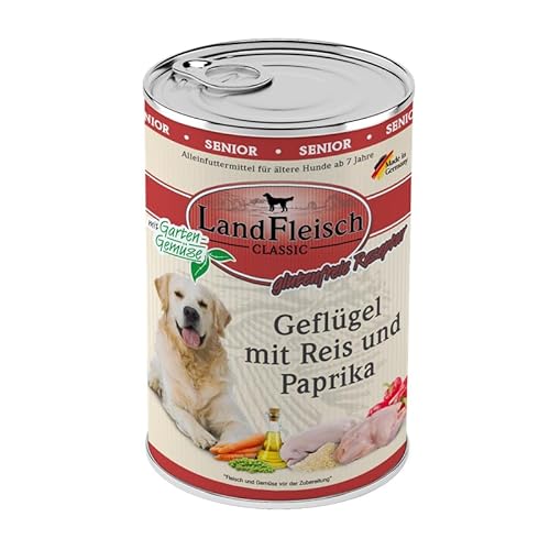 Landfleisch Classic Hundefutter Senior 6 x 400g | Geflügel, Reis und Paprika | Mit hochwertigem Fleisch, Rapsöl (Omega-3 & 6), ohne Gluten, Zucker, GVO & Soja | Nassfutter für Hunde von Landfleisch