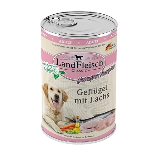 Landfleisch Classic Hundefutter 6 x 400g | Geflügel mit Lachs | Mit hochwertigem Fleisch, Rapsöl (Omega-3 & 6), ohne Gluten, Zucker, GVO & Soja | Nassfutter für Hunde von Landfleisch