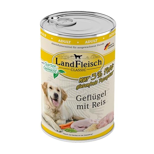 Landfleisch Classic Hundefutter 6 x 400g | Geflügel mit Reis | Mit hochwertigem Fleisch, Rapsöl (Omega-3 & 6), ohne Gluten, Zucker, GVO & Soja | Nassfutter für Hunde von Landfleisch