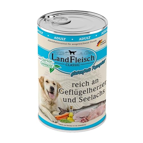 Landfleisch Classic Hundefutter 6 x 400g | Geflügelherzen und Seelachs | Mit hochwertigem Fleisch, Rapsöl (Omega-3 & 6), ohne Gluten, Zucker, GVO & Soja | Nassfutter für Hunde von Landfleisch
