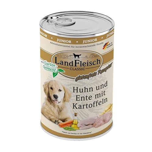 Landfleisch Classic Hundefutter Junior 6 x 400g | Huhn, Ente und Kartoffeln | Mit hochwertigem Fleisch, Rapsöl (Omega-3 & 6), ohne Gluten, Zucker, GVO & Soja | Nassfutter für heranwachsende Hunde von Landfleisch