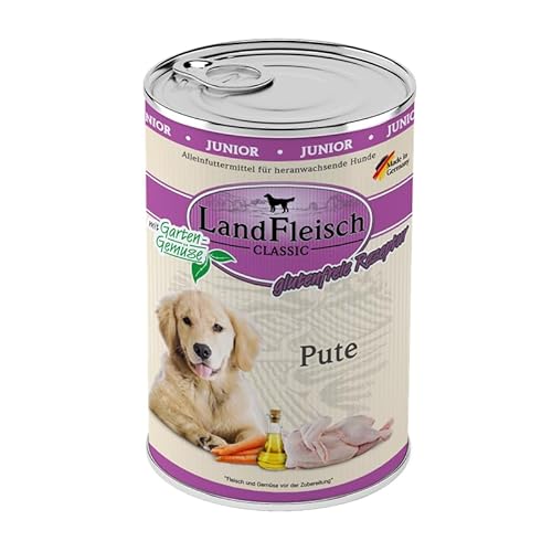 Landfleisch Classic Hundefutter Junior 6 x 400g | Pute | Mit hochwertigem Fleisch, Rapsöl (Omega-3 & 6), ohne Gluten, Zucker, GVO & Soja | Nassfutter für heranwachsende Hunde von Landfleisch