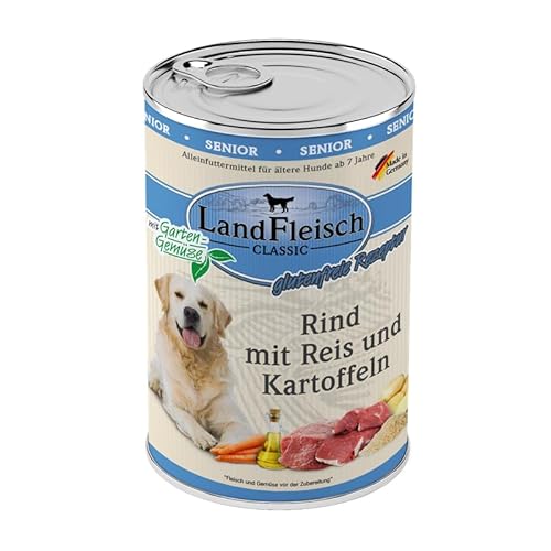 Landfleisch Classic Hundefutter Senior 6 x 400g | Rind, Reis und Kartoffeln | Mit hochwertigem Fleisch, Rapsöl (Omega-3 & 6), ohne Gluten, Zucker, GVO & Soja | Nassfutter für Hunde von Landfleisch