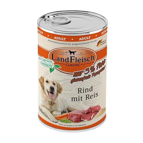 Landfleisch Classic Hundefutter 6 x 400g | Rind mit Reis | Mit hochwertigem Fleisch, Rapsöl (Omega-3 & 6), ohne Gluten, Zucker, GVO & Soja | Nassfutter für Hunde von Landfleisch