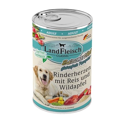 Landfleisch Classic Hundefutter 6 x 400g | Rinderherzen, Reis und Wildapfel | Mit hochwertigem Fleisch, Rapsöl (Omega-3 & 6), ohne Gluten, Zucker, GVO & Soja | Nassfutter für Hunde von Landfleisch