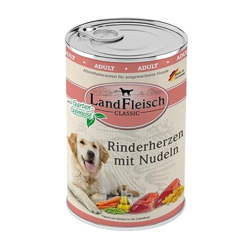 Landfleisch Classic Hundefutter 6 x 400g | Rinderherzen mit Nudeln | Hochwertiges Nassfutter für ausgewachsene Hunde von Landfleisch