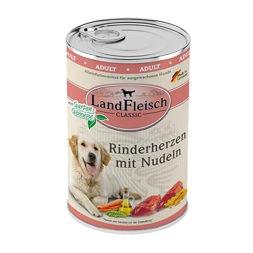 Landfleisch Classic Hundefutter 6 x 400g | Rinderherzen mit Nudeln | Hochwertiges Nassfutter für ausgewachsene Hunde von Landfleisch