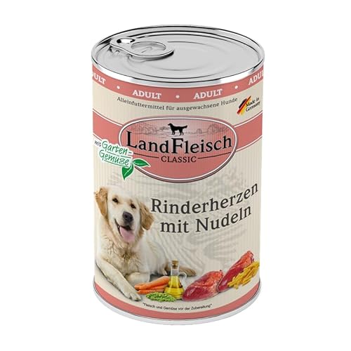 Landfleisch Classic Hundefutter 6 x 400g | Rinderherzen mit Nudeln | Mit hochwertigem Fleisch, Rapsöl (Omega-3 & 6), ohne Gluten, Zucker, GVO & Soja | Nassfutter für Hunde von Landfleisch