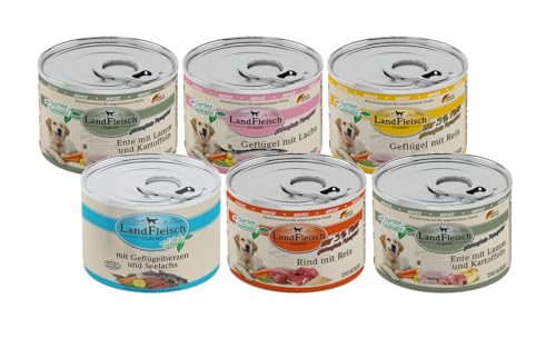 Landfleisch Hundefutter 6 x 195g Mixpaket | garantierter 4 Sorten Mix | Nassfutter für Hunde | Ohne Zusatz von Gluten, Zucker, GVO und Sojaprodukten Landfleisch Hundefutter 6 x 195g Mixpaket | garantierter 4 Sorten Mix | Nassfutter für Hunde | Ohne Zusatz von Gluten, Zucker, GVO und Sojaprodukten von Landfleisch