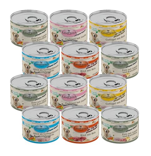 Landfleisch Hundefutter 12 x 195g Mixpaket | garantierter 4 Sorten Mix | Nassfutter für Hunde | Ohne Zusatz von Gluten, Zucker, GVO und Sojaprodukten Landfleisch Hundefutter 12 x 195g Mixpaket | garantierter 4 Sorten Mix | Nassfutter für Hunde | Ohne Zusatz von Gluten, Zucker, GVO und Sojaprodukten von Landfleisch