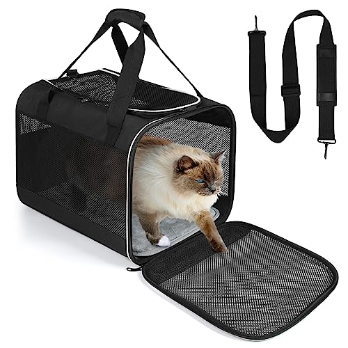 Lannvan Transportbox Katze, Katzentransportbox bis 6,5kg, Hundebox Faltbar Atmungsaktiv, mit Abnehmbarem Plüschpad, Hundetransportbox Auto für Camping Reisen Tierarztbesuch (45x30x30cm, Schwarz) von Lannvan