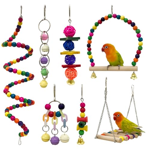 Lansls 8 Stück Vogelspielzeug Für Wellensittiche Kauspielzeug Für Papageien Vogelschaukel Glocken Schaukelspielzeug Aus Holz Für Conures Liebesvögel Nymphensittiche Kleine Sittiche Sittiche Finken (B) von Lansls