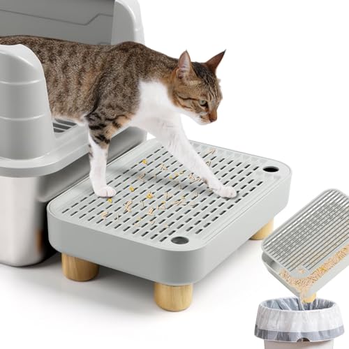 Lanstics Katzentoilette Treppe, Katzentoilettenrampe für Katzen, Grau Katzentoilette Auffangbehälter mit Holzsockel, Katzentreppe für Katzentoilette Anti-Tracking & Leicht zu Reinigen für Kätzchen von Lanstics