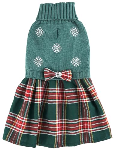 Grüne Stickerei Schneeflocke Hässlich Vintage Strick Rentier Urlaub Festlich Weihnachten Hund Pullover Kleid für kleine Hunde, Größe S Rückenlänge 30,5 cm von Lanyarco