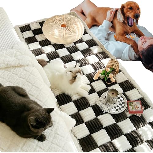 Couch-Haustiermatte, cremefarben, große karierte quadratische Haustiermatte, Bett-Couch-Bezug, lustiger flauschiger Haustier-Couch-Bezug, lustige flauschige Hundesofa-Couch(Color:Black,Size:27.6x82.7 von LaoSShu