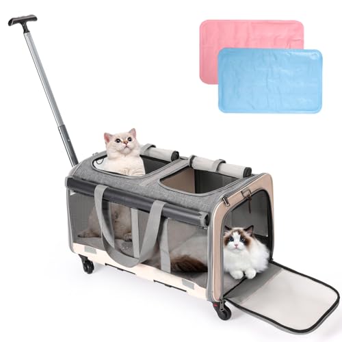 Rollende Katzentrage mit zwei Fächern für 2 Katzen, faltbare Haustiertragetasche mit Rollen für 2 kleine Katzen und Hunde, vollständig atmungsaktiv, perfekt für Reisen/Wandern/Camping/Tierarztbesuche von Lapinforet